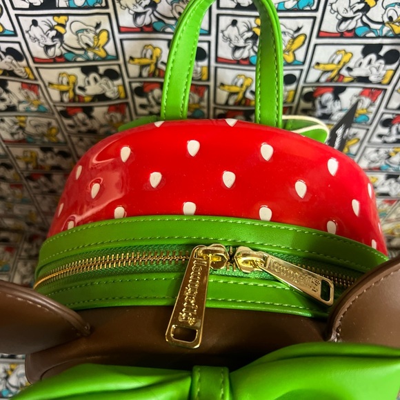 Loungefly Disney Minnie Mouse Chocolate Dipped Strawberry Backpack Ears Set NWT - Picture 7 of 16
